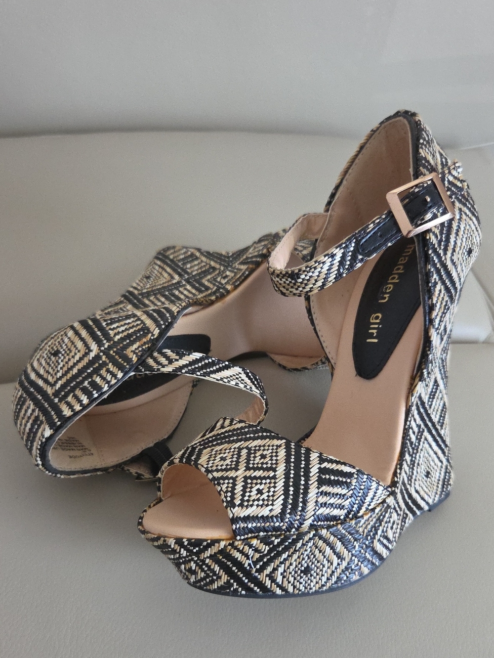 Madden Girl Black and Beige Geometric Ankle-Strap Heels Size 6.5